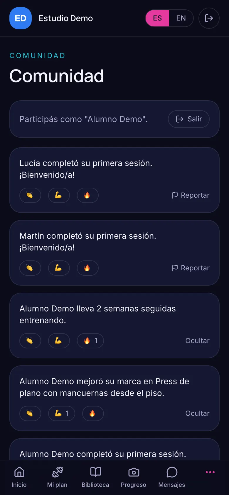 Comunidad con logros de otros alumnos y reacciones