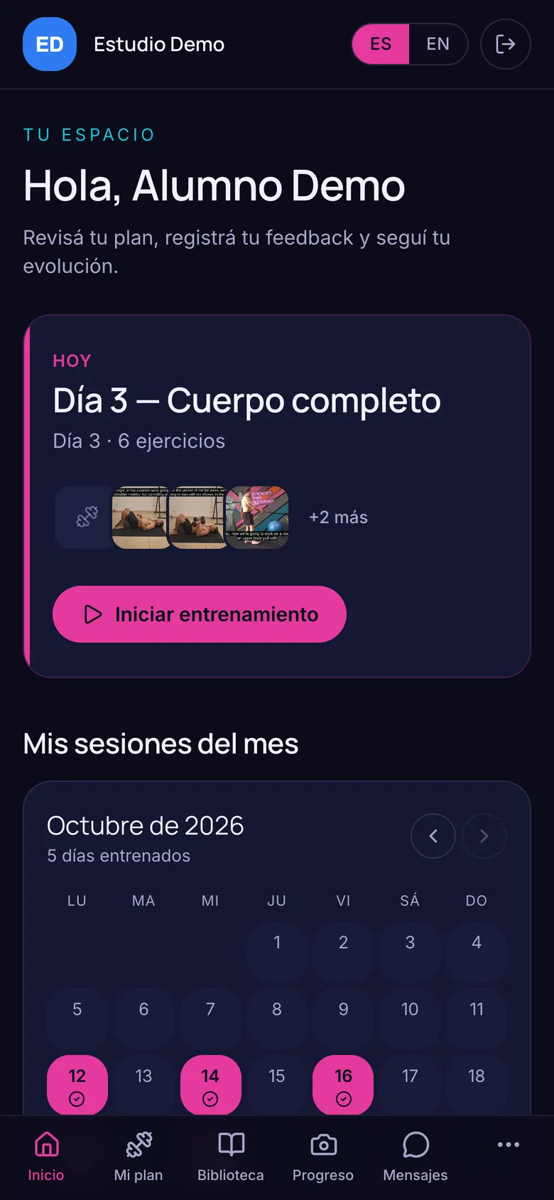 Inicio del alumno con la marca de un estudio, en magenta