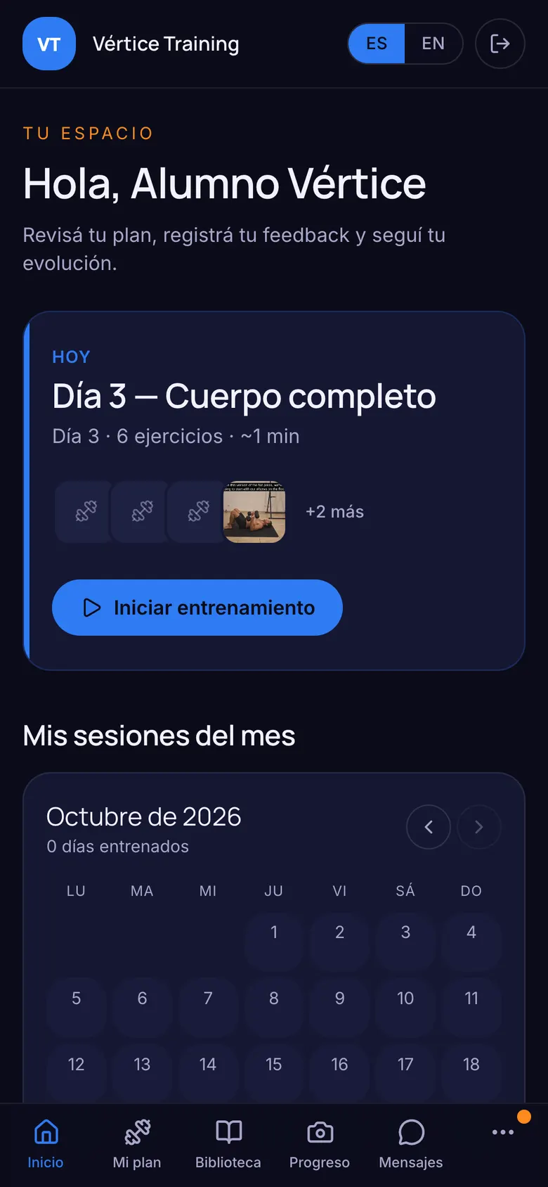 Inicio del alumno con la marca de otro estudio, en azul