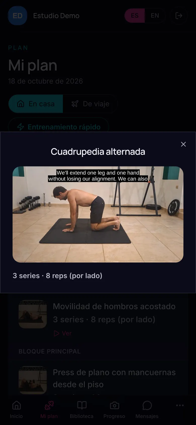 Video de un ejercicio abierto dentro del plan del alumno
