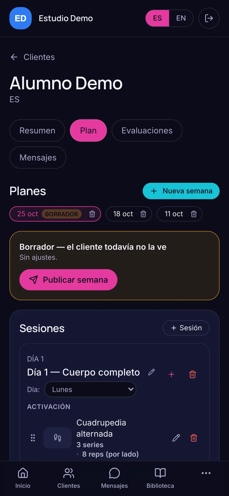 Plan semanal de un alumno, con ejercicios, series y repeticiones